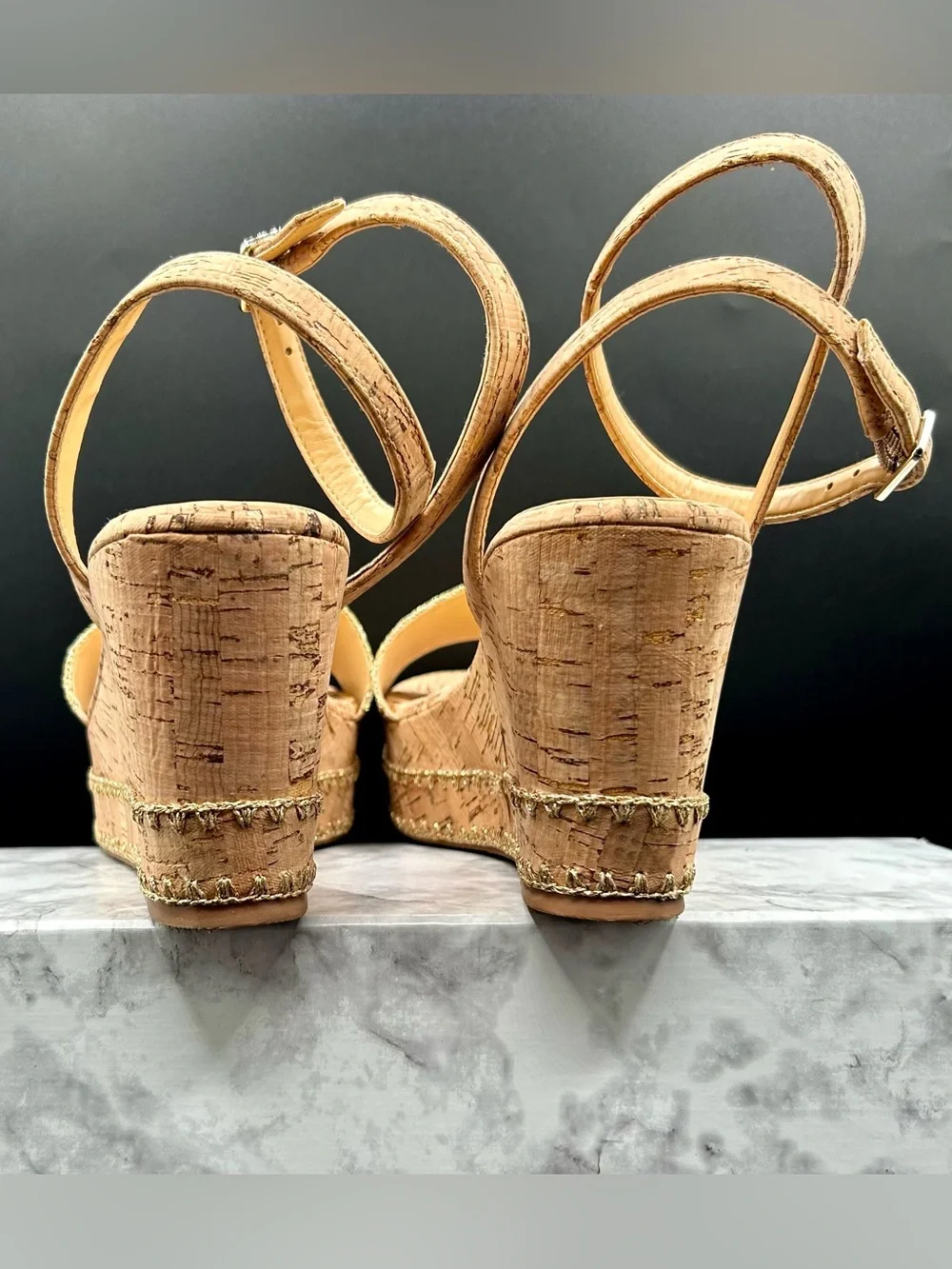 JACK ROGERS Flagler Stitch Platform-Wedge-Sandals in Cork-Gold. Size 9